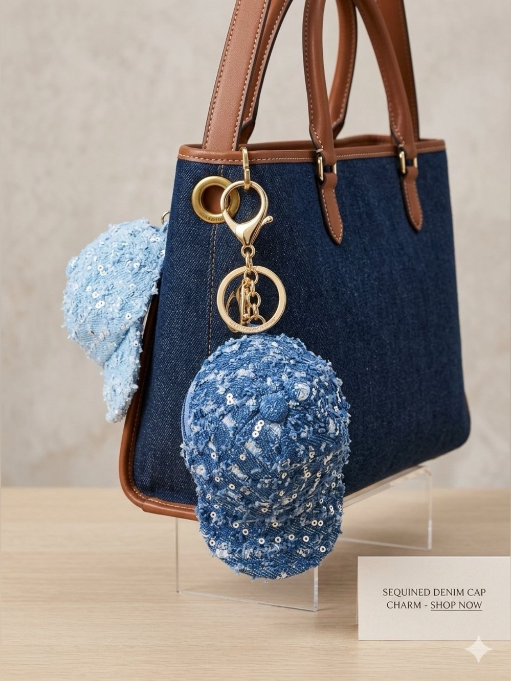 Sequined Denim Cap Charm Keychain - 3 colors